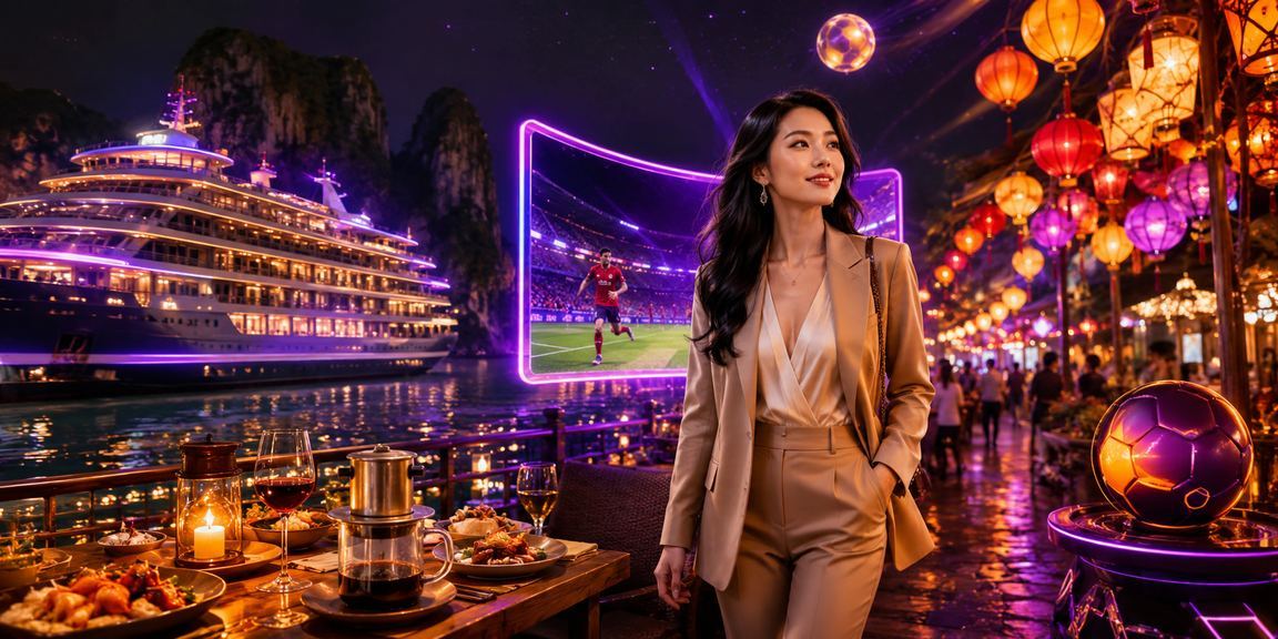 Người dùng xem tỷ lệ kèo thể thao bên tách cà phê với phong cảnh Vịnh Hạ Long